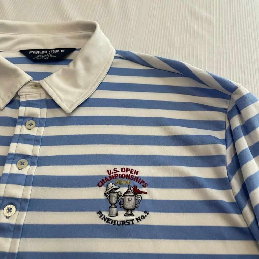 Polo Golf Ralph Lauren Blue White Stripe Short Sleeve Polo Shirt US Open Large